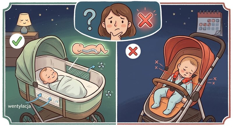 Porównanie bezpiecznego snu w gondoli z wentylacją oraz niebezpiecznej pozycji dziecka w spacerówce.